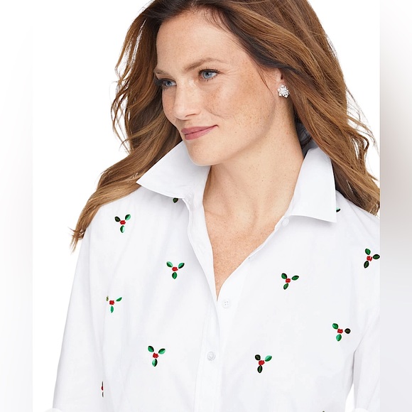 NWT Talbots white button down top Christmas holiday holly mistletoe sequin sz XS - Picture 2 of 12